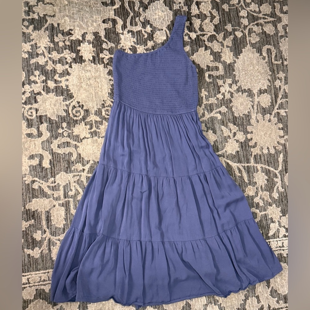 One-Shoulder Tiered Midi Dress in Periwinkle Blue